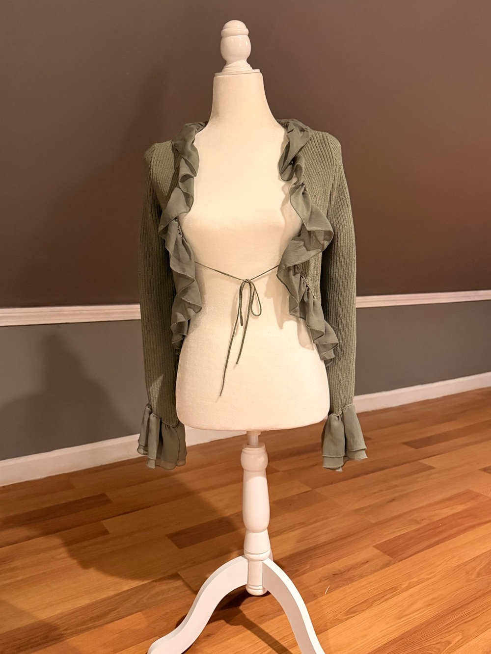Zara Olive Green Ruffle Tie-Front Cardigan